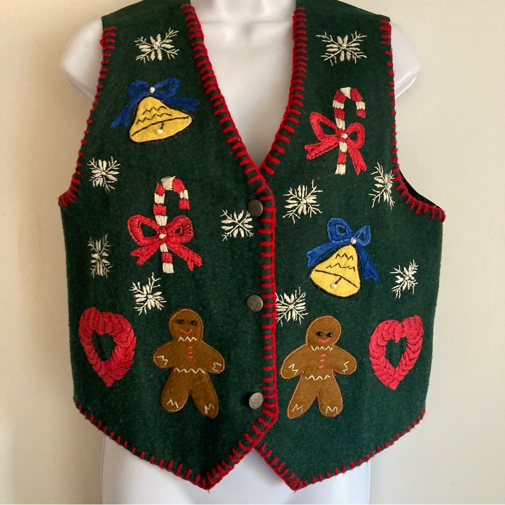 VTG Gallagher Christmas Novelty Embroidered Vest Gingerbread Man Candy Cane Sz S